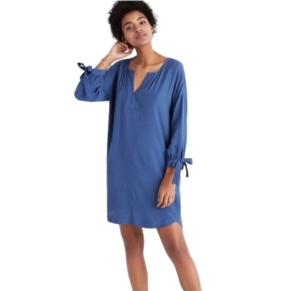 MADEWELL Blue Du Jour Tunic Dress with Tie Sleeves & Pockets - Size Medium